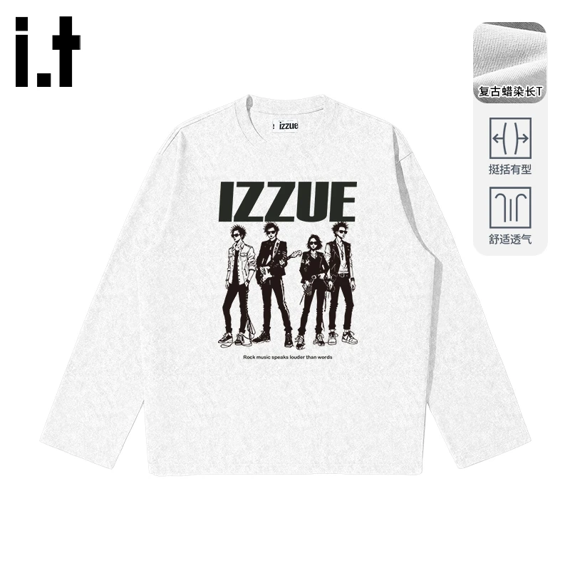 i.t izzue美式潮牌男装设计感痞帅宽松打底衫秋季复古蜡染圆领长T