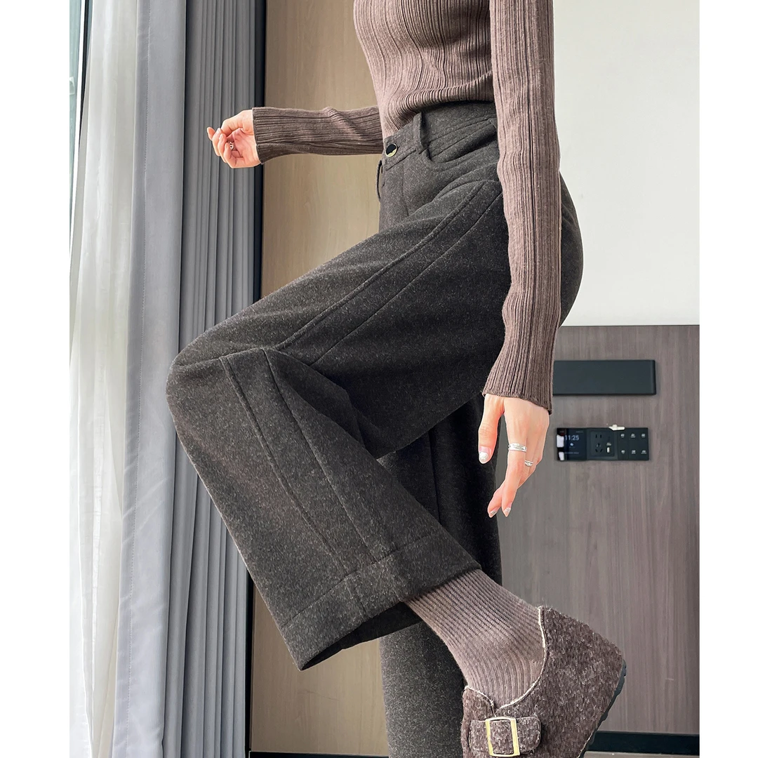 咖色毛呢阔腿裤女秋冬2025新款小个子九分加厚直筒宽松窄版弯刀裤
