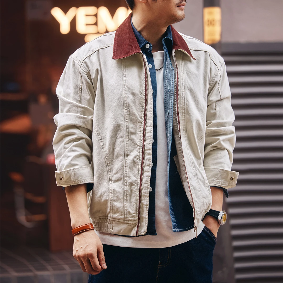 格蓝鹿美式设计感纯棉男士夹克秋季新款宽松休闲巴恩风工装外套男