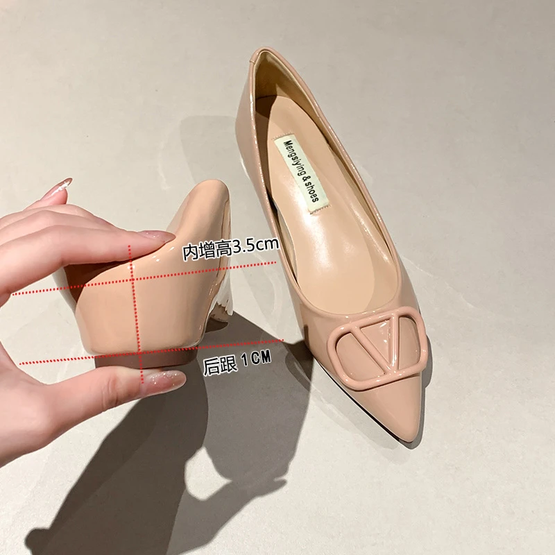 内增高尖头v 扣裸色女鞋2025新款百搭浅口气质名媛仙女风高跟女鞋
