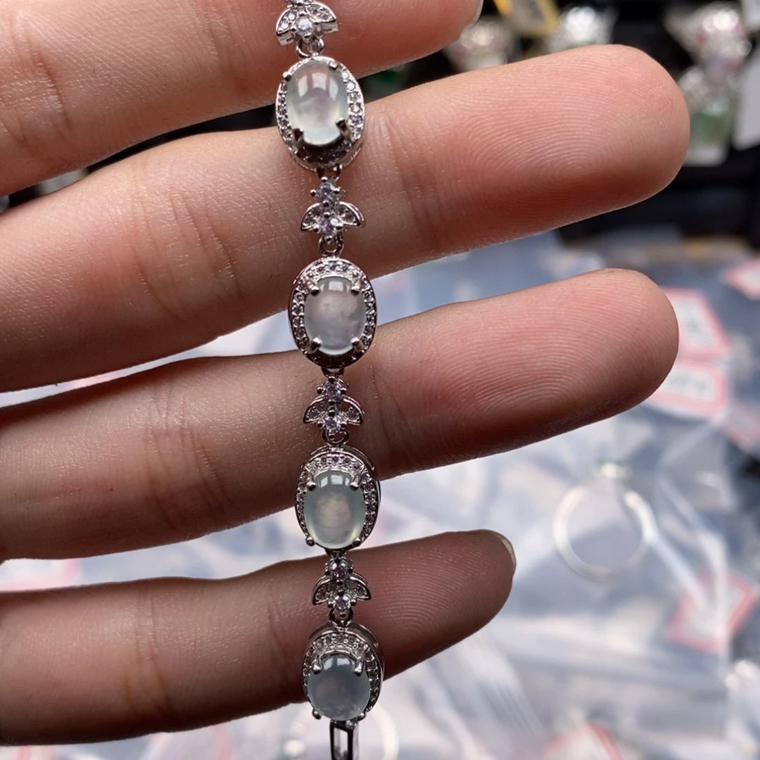 翡翠手链银S925镶嵌苗***白天然缅甸翡翠a货