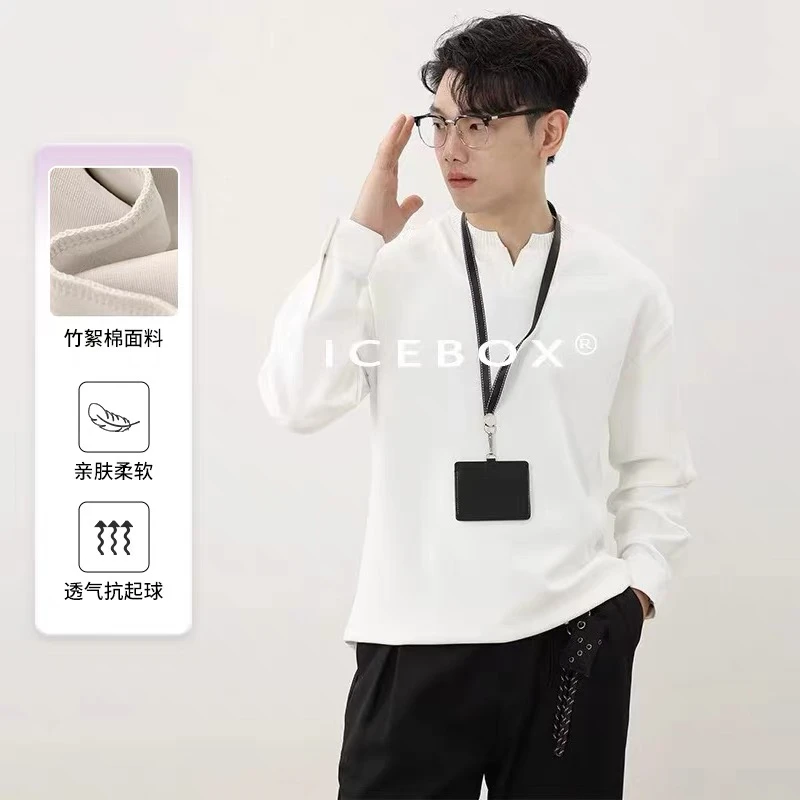 ICEBOX【竹絮棉】老钱风男士亨利领长袖宽松秋冬纯色百搭落肩袖卫衣