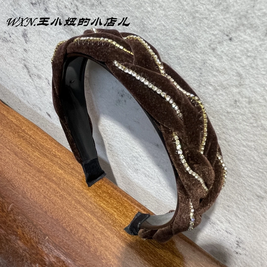 030美拉德气质头箍咖色水钻丝绒麻花辫高颅顶带齿显脸小发箍