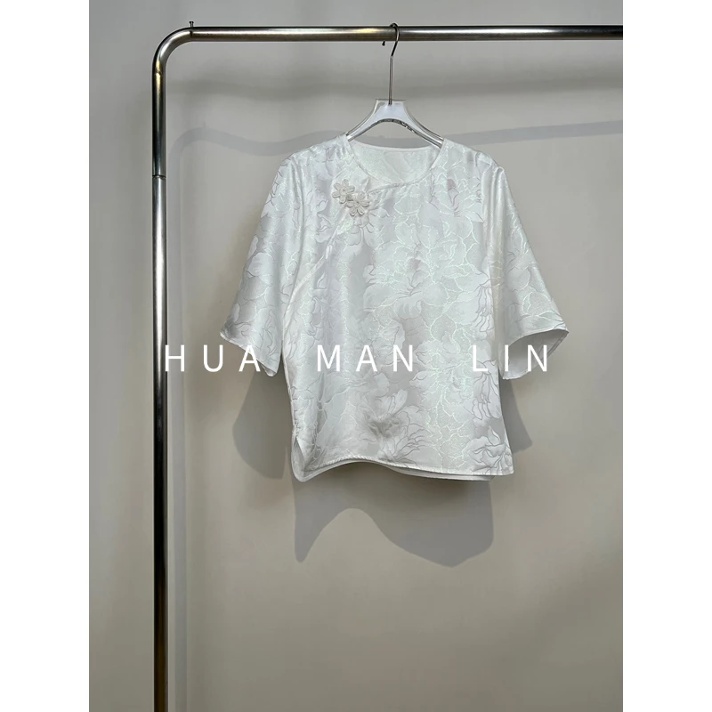 【花满林】圆领斜门襟手工盘扣织金正绢桑蚕丝七分袖上衣259421