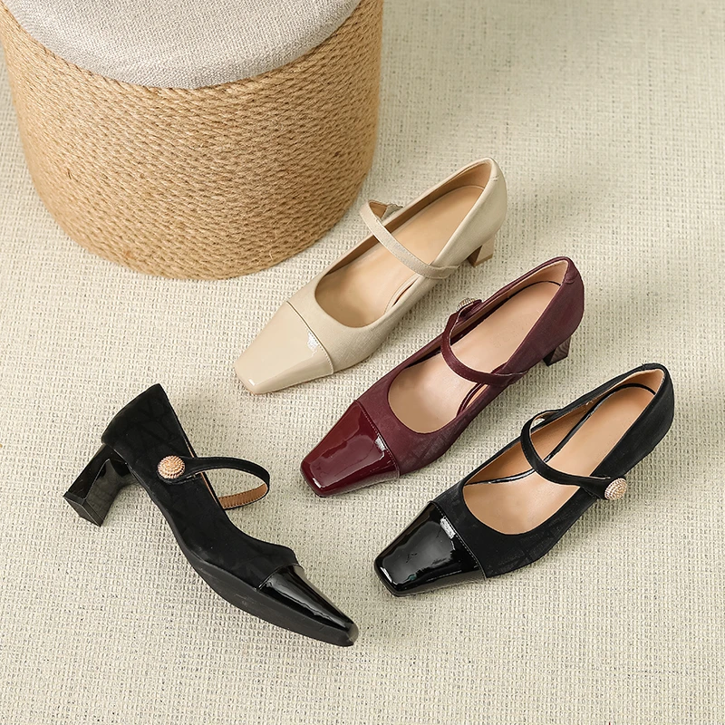 轻奢风粗跟法式单鞋女中跟夏季新款拼接小香风玛丽珍鞋