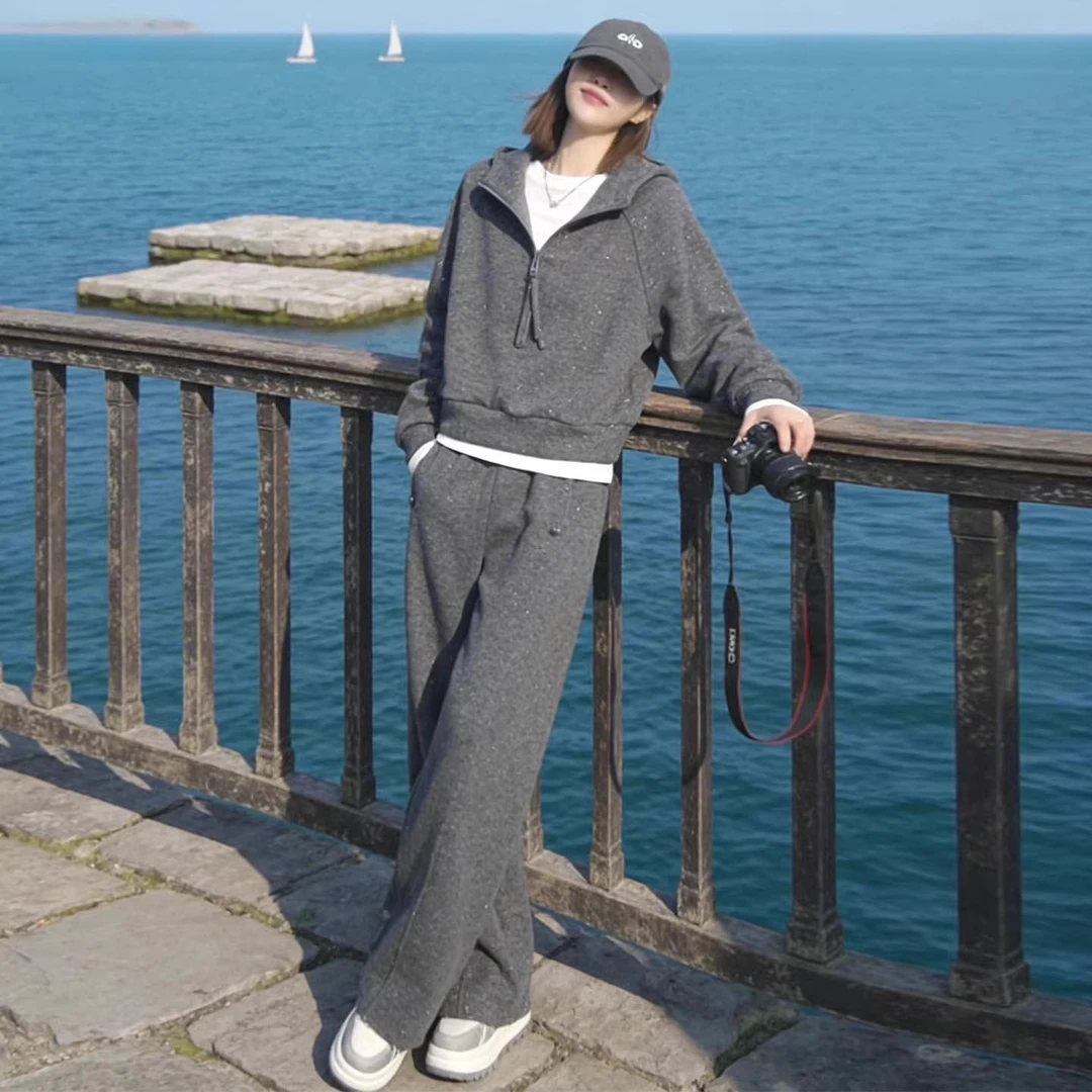 直筒休闲运动风阔腿长裤春秋新款半开领灰色长袖减龄卫衣两件套女