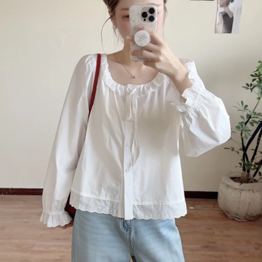 少女感甜美娃娃领系带长袖衬衫早秋宽松百搭上衣