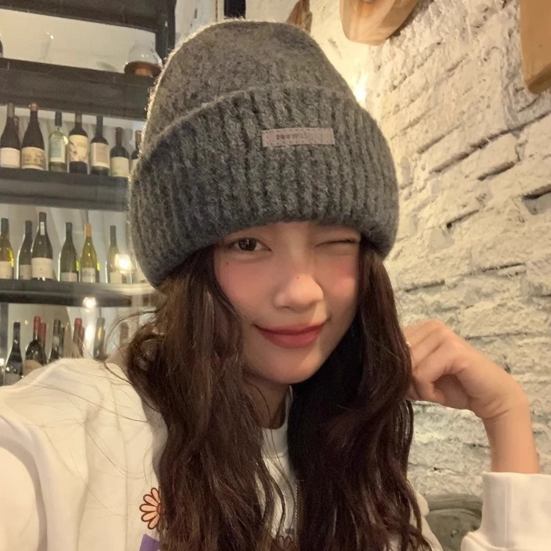 韩版软糯厚实保暖套头冷帽灰色毛线帽女日系大头围保暖护耳针织帽