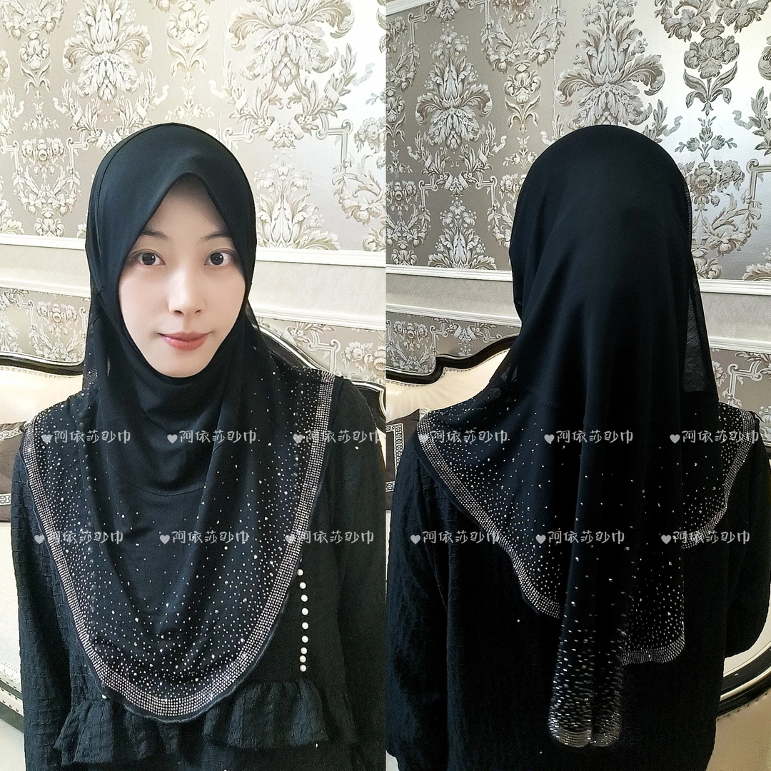 阿依莎新款夏季双层网纱压线帽沿烫钻大版软帽檐套头回族纱巾头巾