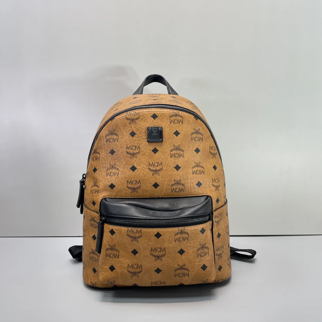 95新 MCM 媚姐/mcm干邑色中号双肩包28x34x13cmF122605