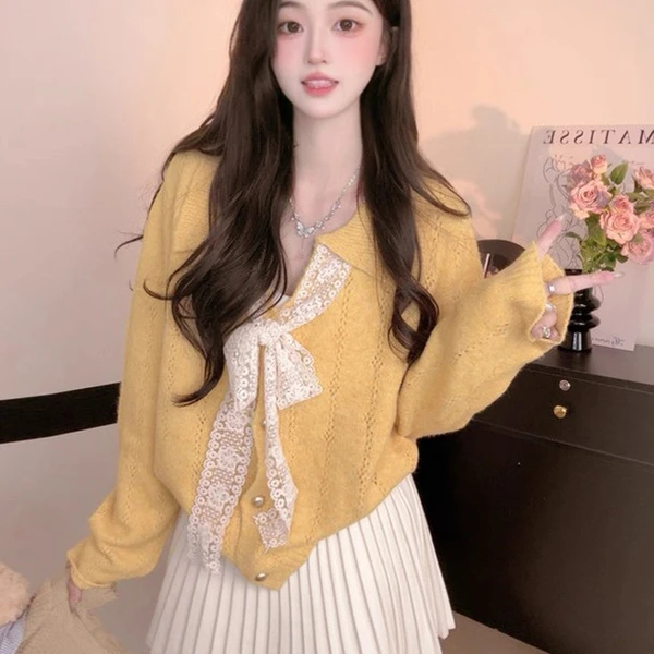 温柔风蕾丝蝴蝶结系带毛衣外套女2025冬季新款小个秋学生毛衣开衫