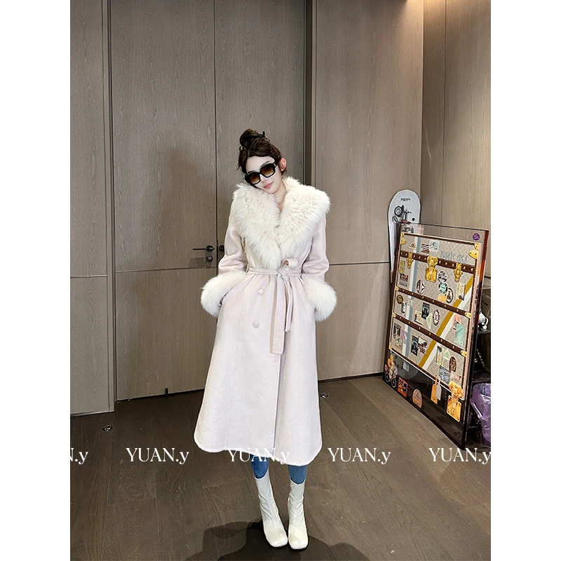 媛媛 【千金裘】白色100羊毛长款大衣狐狸毛领新款千金外套#DY0181
