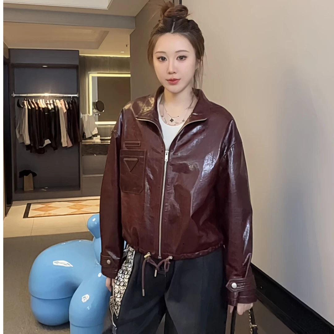 YYC242-2507真皮皮衣女立领短款绵羊皮抽绳机车油蜡皮显瘦外套