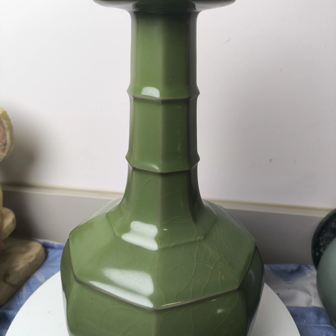 手工陶瓷六方长颈瓶中式古瓷工艺品