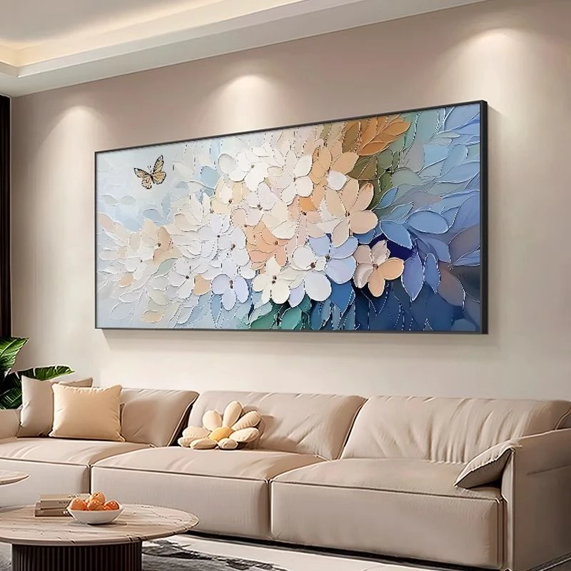 繁花客厅装饰画北欧风沙发背景墙横版挂画肌理感蝴蝶花卉床头壁画