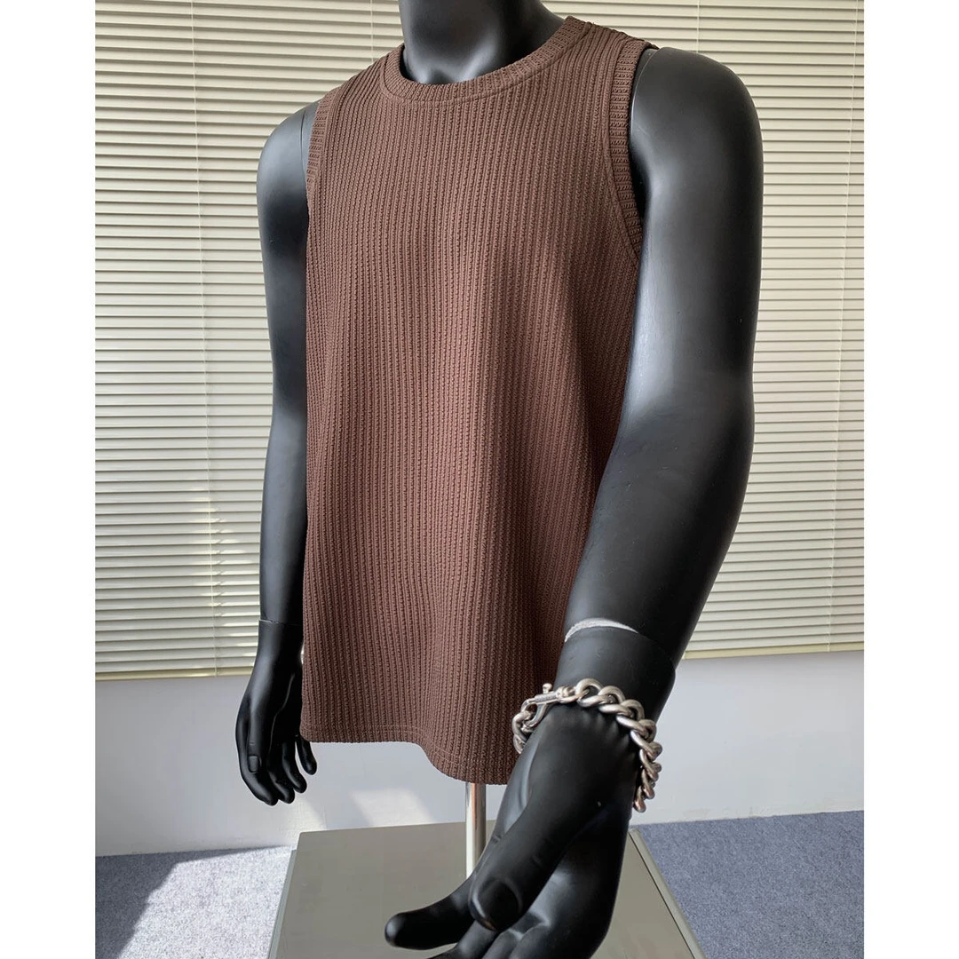 棕色螺纹跨栏运动背心男款夏季肌理感提花坎肩高级感美式无袖t恤