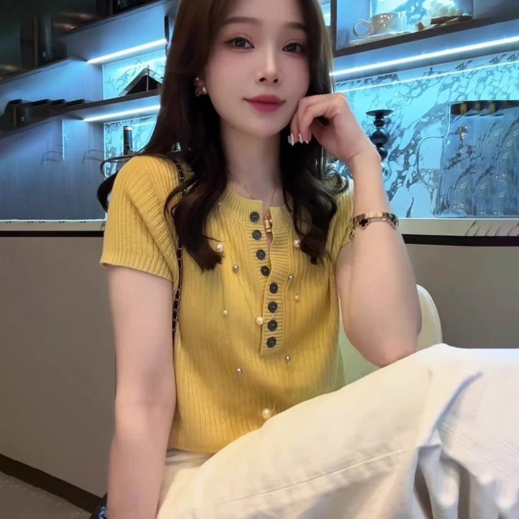 薄款冰丝短袖针织衫女2025年新款秋季小个子时尚洋气独特漂亮小衫