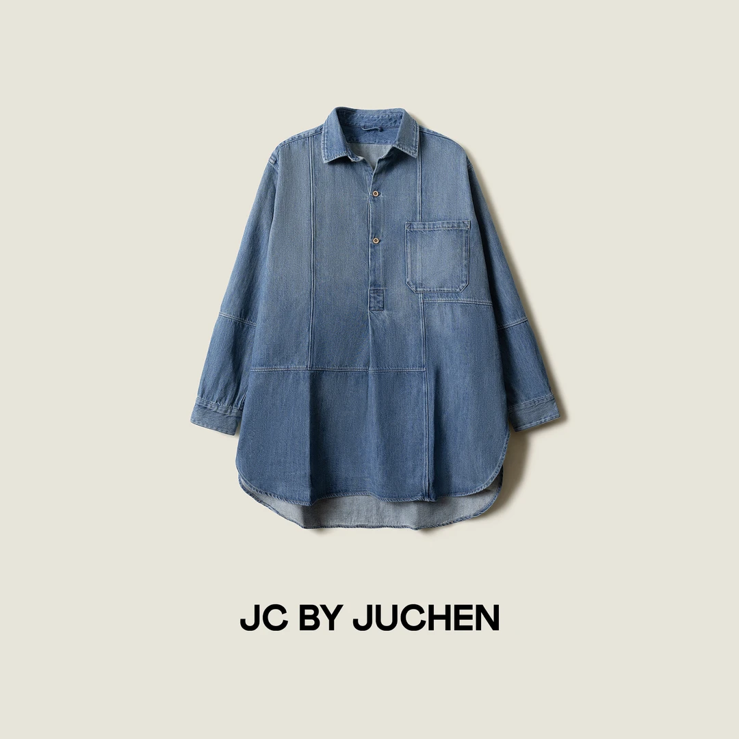 45系列牛仔908拼布口袋廓形早秋套头衬衫长袖上衣 FW104001-176