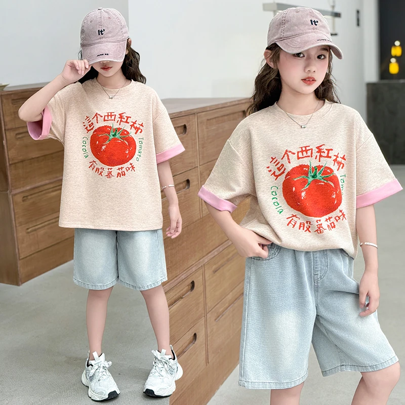 女童夏季韩版套装2025新款中大儿童洋气双色T恤薄款休闲牛仔中裤