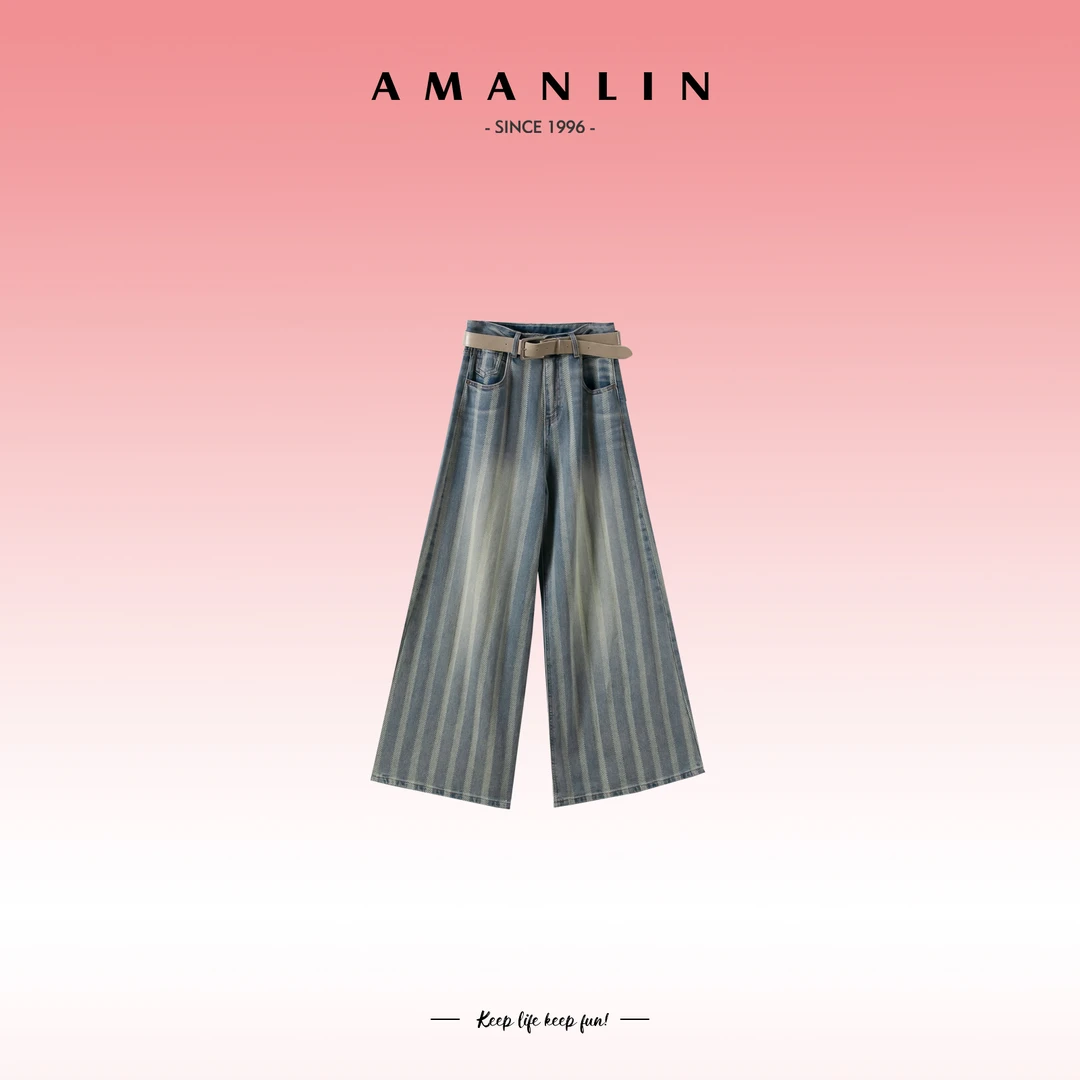 AMANLIN/阿謾琳复古小众欧若风条纹高腰直筒显瘦牛仔长裤Y595680