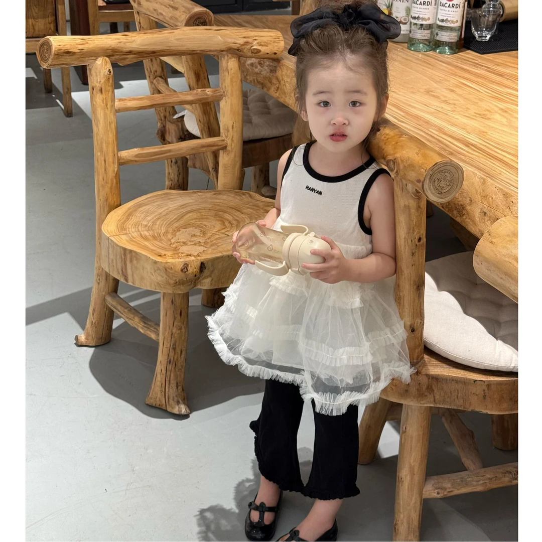 《小思家》女童2025夏季新款韩版休闲甜美网纱拼接背心喇叭裤套装