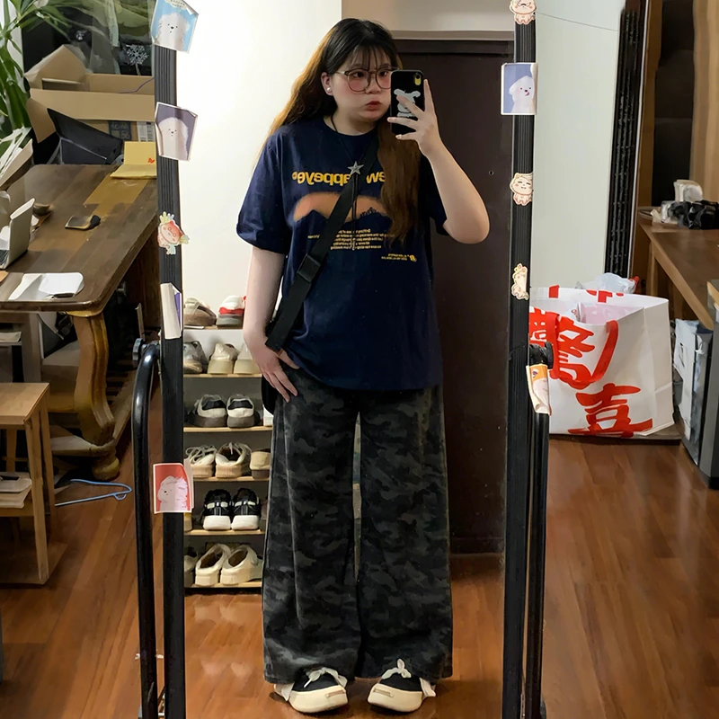潮碧梵300斤大码女装迷彩工装牛仔裤女胖mm夏季宽松显瘦阔腿裤子