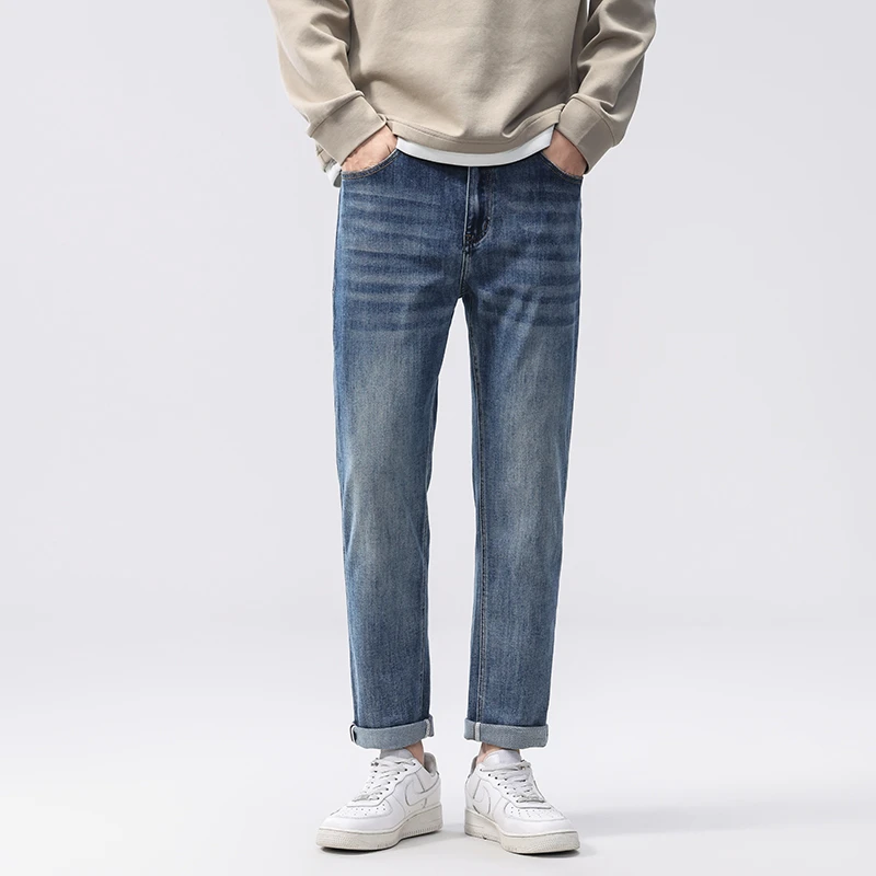 高端秋冬2025新款牛仔裤男蓝色修身小直筒潮流弹力男士百搭长裤男