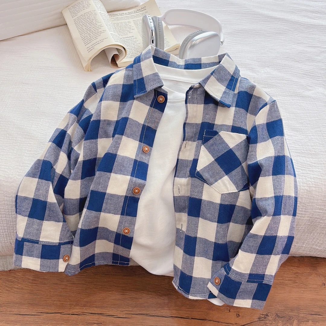 纯棉男童衬衫春秋新款儿童格子衬衣韩版男孩长袖上衣欧若风童装