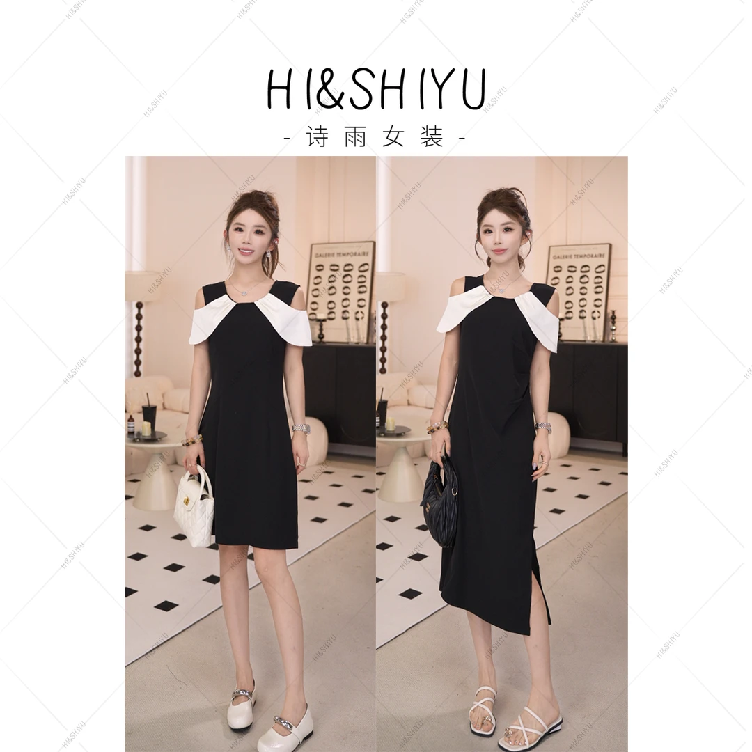 法式高级感撞色露肩拼接显瘦连衣裙2025夏季新款