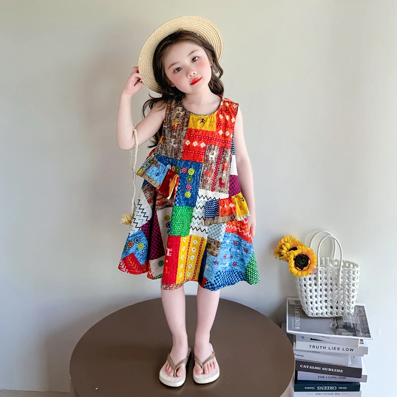 女童彩色格子拼接背心裙波西米亚儿童连衣裙三亚度假海边沙滩裙子