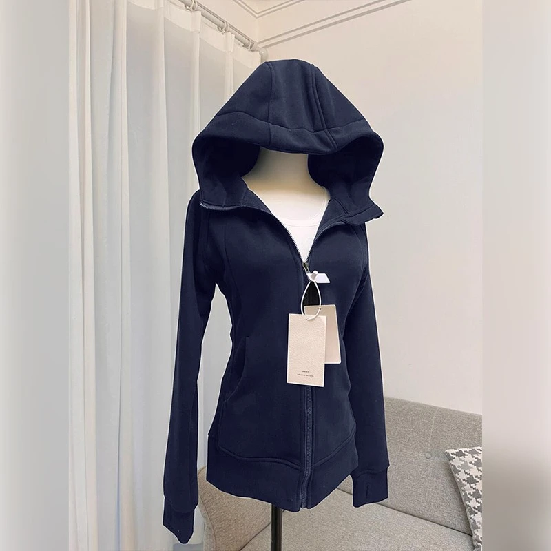 藏蓝色正肩开衫卫衣女早秋辣妹修身显瘦瑜伽服休闲运动连帽短外套