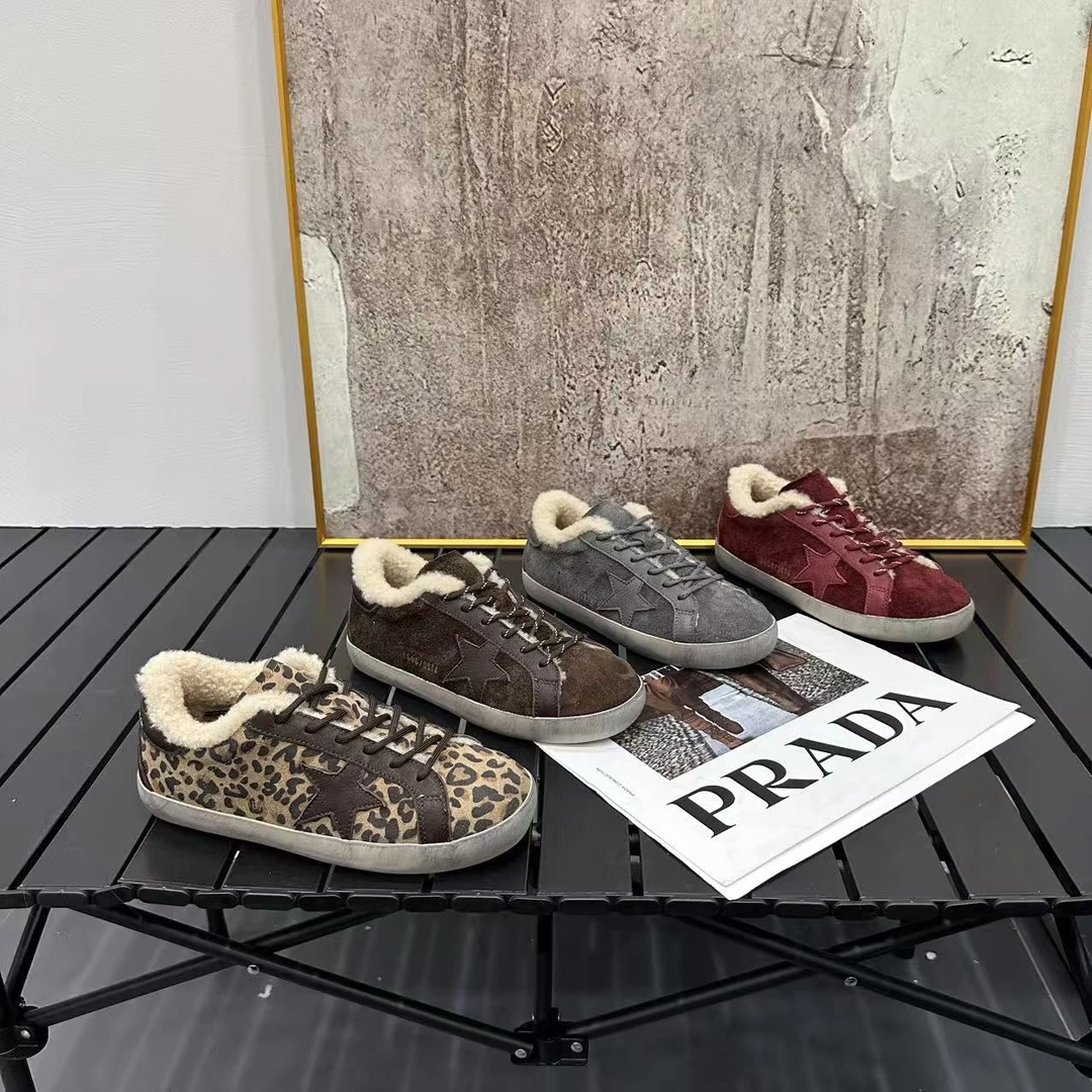 2025冬季韩版磨砂皮星星2代复古做旧豹纹羊羔毛脏脏底时尚板鞋女