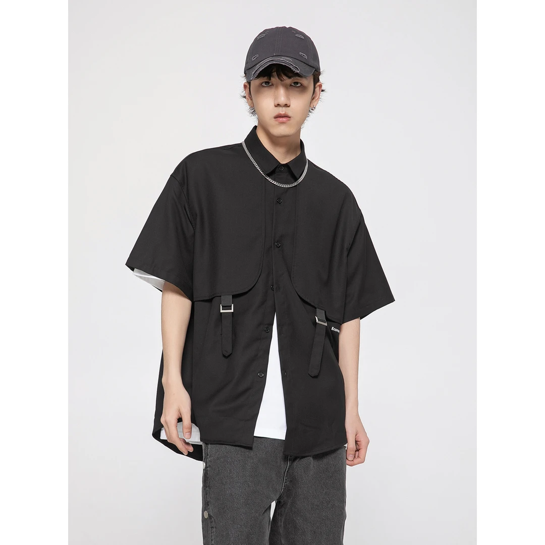 C2626夏季潮牌日系简约情侣百搭设计感纯色短袖衬衫