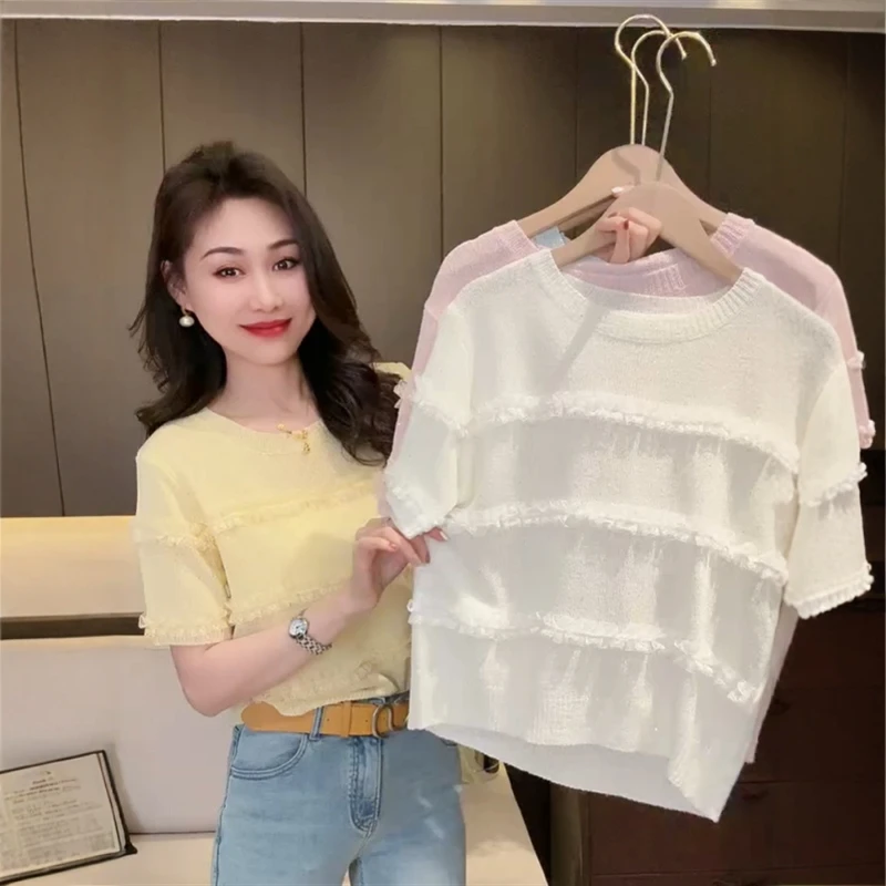 欧货2025夏季新款木耳边圆领短袖针织衫女别致漂亮t恤设计感上衣