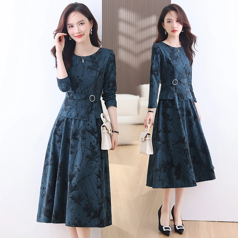 法式轻熟风复古印花连衣裙女2025年春秋新款高级感气质中长款裙子