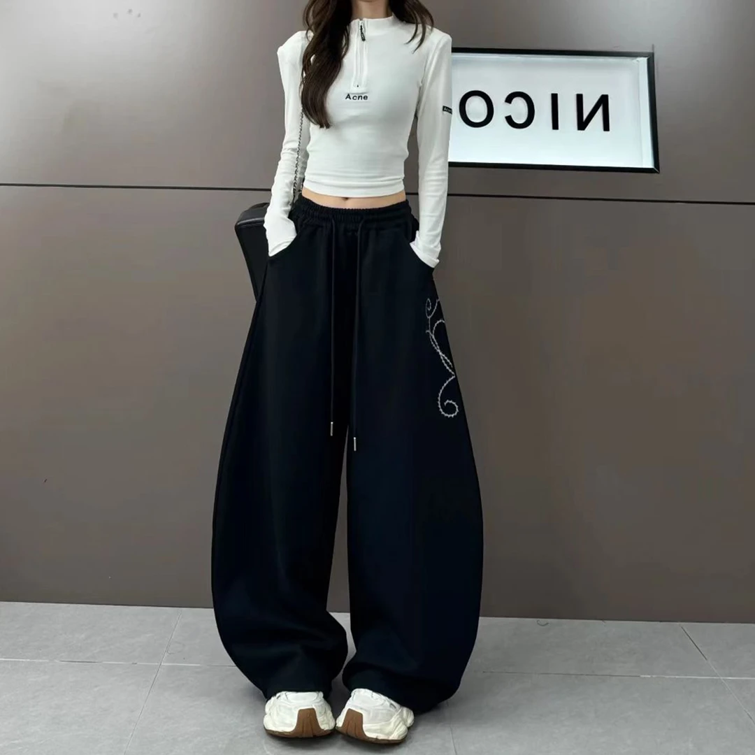 美式街头爵士舞运动裤女秋冬重工千禧玫瑰刺绣宽松阔腿两穿休闲裤