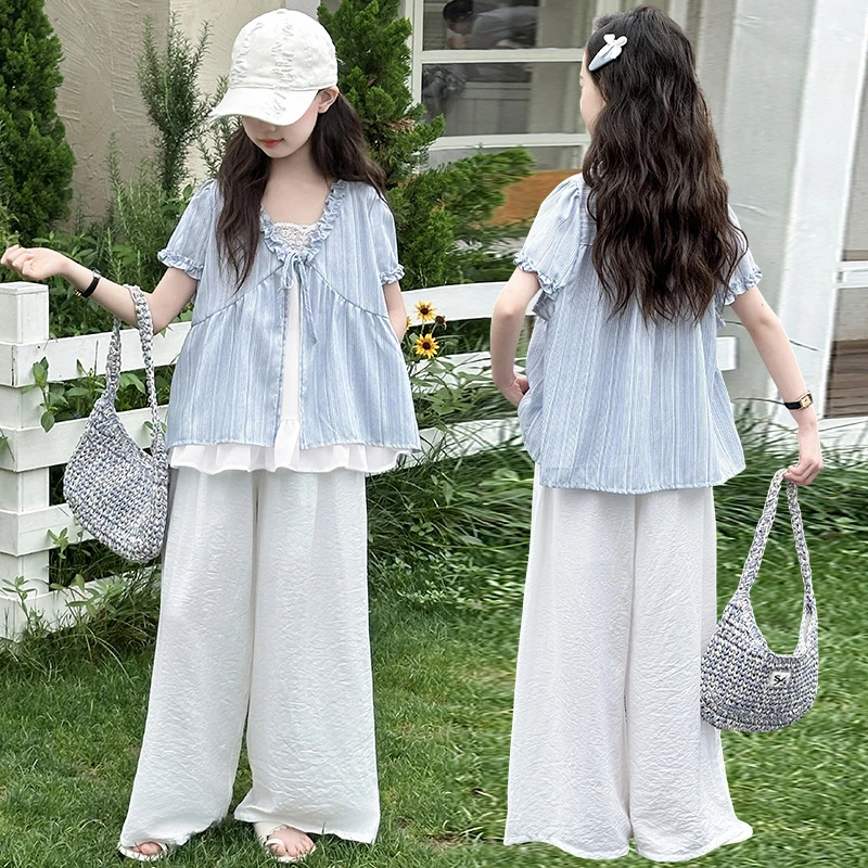 女童套装夏季韩版气质阔腿薄款条纹飞袖外穿夏季显瘦时尚宽松休闲