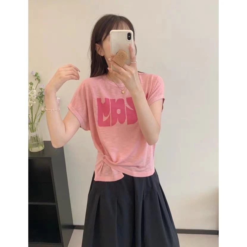 夏季不规则纽扣针织衫薄款字母短袖上衣女93210
