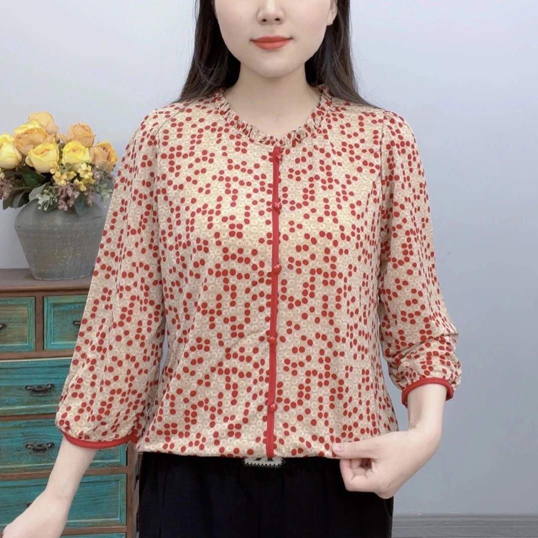 妈妈时尚洋气波点打底上衣早秋洋气小衫修身长袖衬衣弹力遮肚衬衫