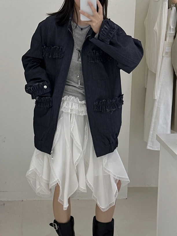 小众设计感春季复古立领长袖短外套潮流短款牛仔甜美拼接百搭