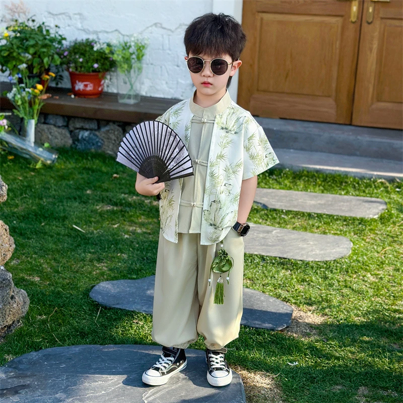 男童汉服夏季薄款2025新款中国风宝宝短袖衣服小儿童夏装长裤套装