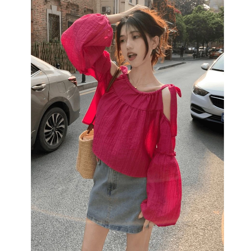 实价设计感圆领波点衬衫女春秋中长款修身包袖长袖吸汗做旧泡泡袖