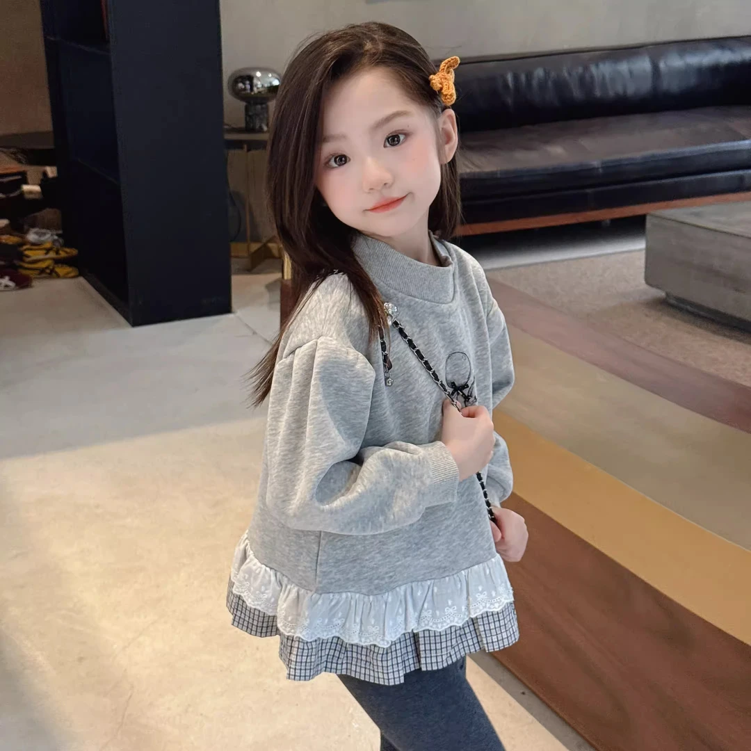 女宝宝加绒卫衣2025秋冬新款女童洋气花边针织上衣加厚一体奥利绒