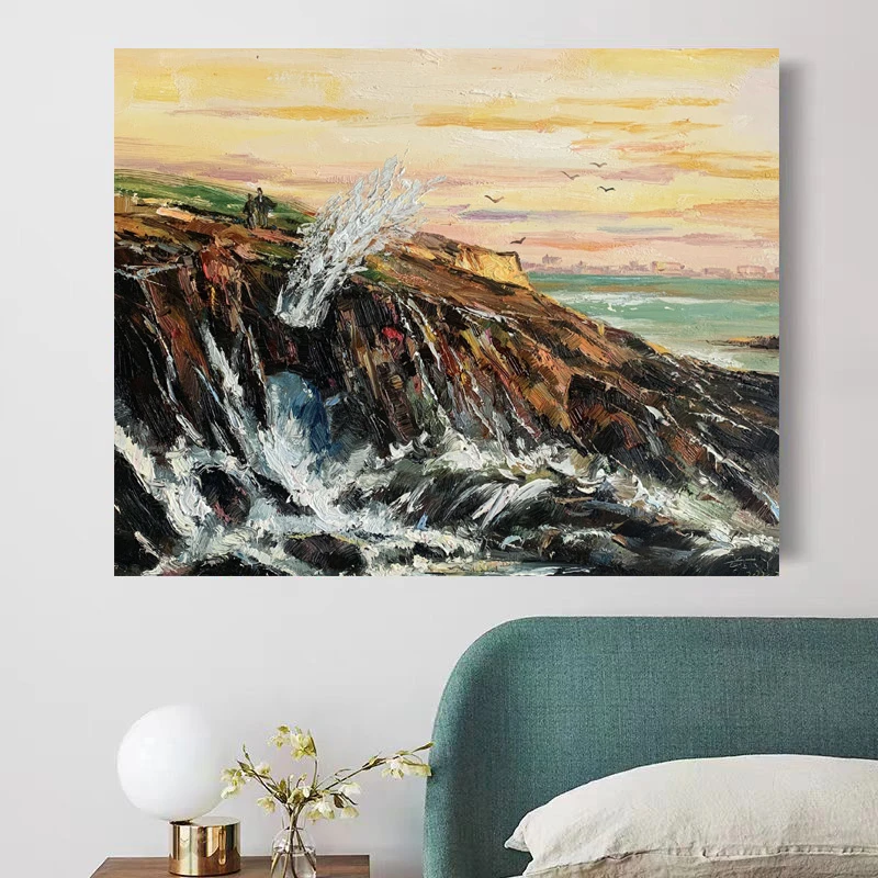 《崖岸浪歌》50*60含内框，刘春建原创手绘油画，肌理装饰画挂画