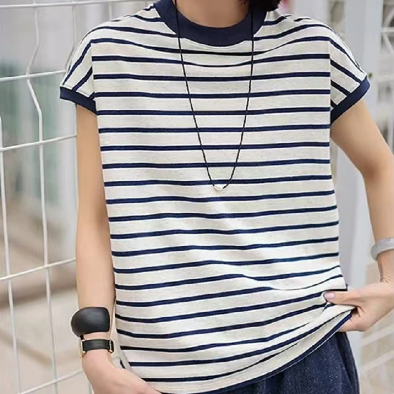 BRCP/布然初品【风起】圆领夏季汉麻条纹T恤女士无袖休闲百搭S2525