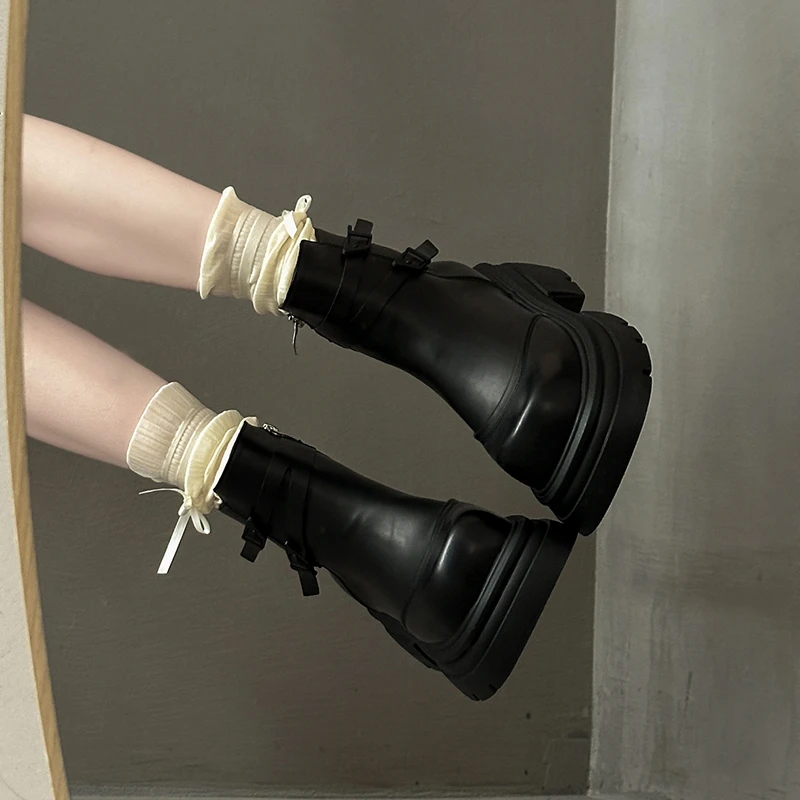 OJRZ英伦风厚底搭扣粗跟增高裤管靴2025秋冬新款潮流百搭骑士靴女