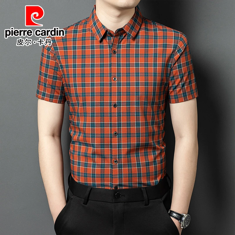 皮尔卡丹男士格子短袖衬衫夏季薄款高档轻奢商务休闲时尚抗皱衬衣