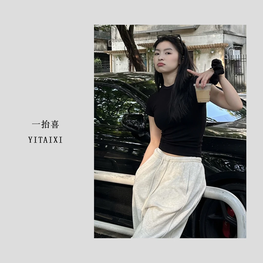 纯色简约重磅磨毛针织复古修身包肩短袖T恤女短款圆领打底衫