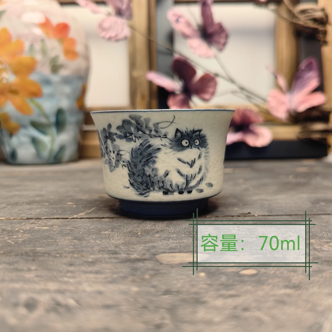 《青花猫咛》马蹄手握杯苏打釉主人杯品茗杯茶杯陶瓷杯客杯