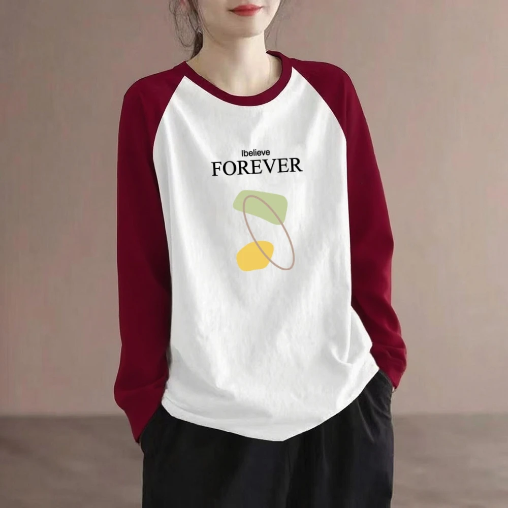 100%纯棉长袖t恤女秋季新款宽松大码打底衫胖mm洋气拼接撞色上衣